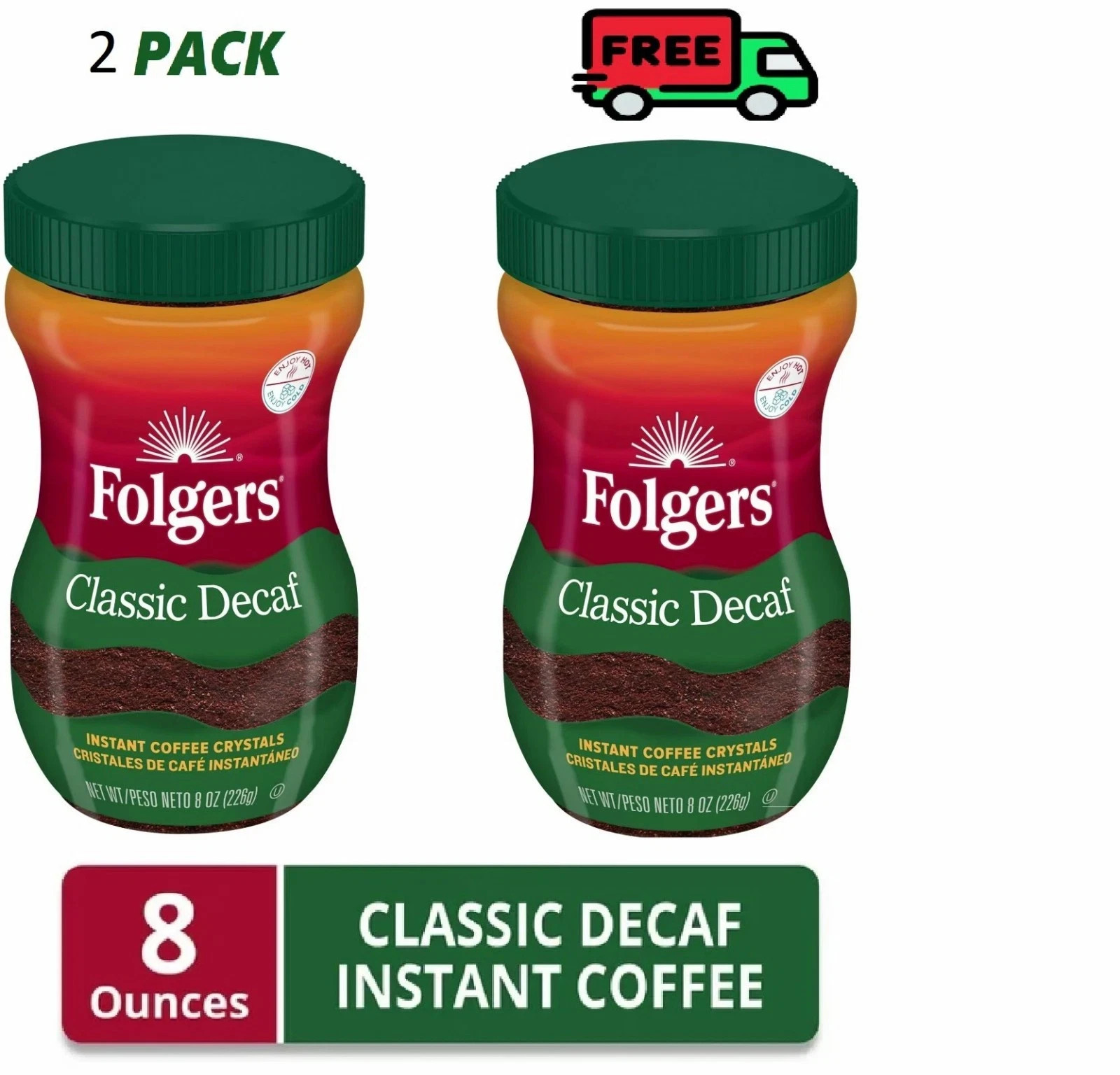 (2 Pack) Folgers Classic Decaf Instant Coffee, 8 oz Jar (FRE