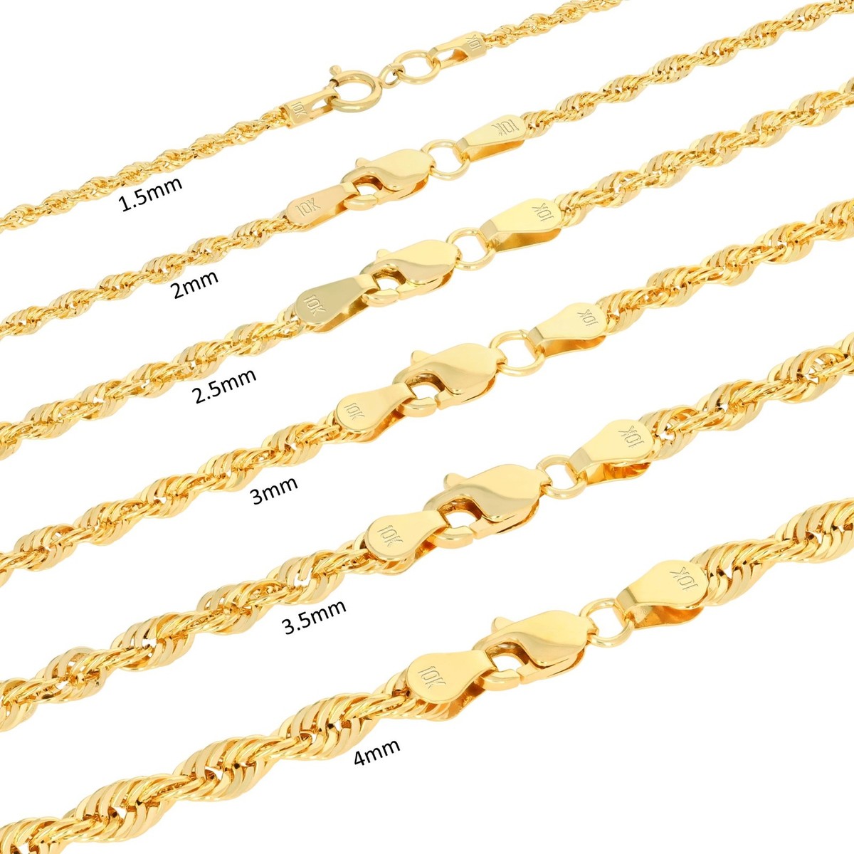 10K Yellow Gold 1mm-4mm Laser Diamond Cut Rope Chain