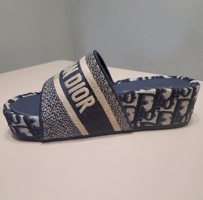 Dior Navy Blue/White Canvas Oblique Embroid D-Way Slide Size 37
