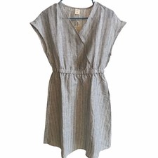 NWT LINTICO S Aria 100% Linen Striped V-Neck Elastic Waist Midi Dress Vacation