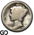 1916-D Mercury Dime, Very Low Mintage, RARE Key Date First Year Issue, Full MM!