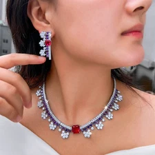 Flower Fringe Necklace Earrings Silver Plated Zirconia Women Wedding Jewelry Set