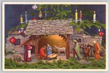 Adelboden, Switzerland — Nativity manger scene with candles & ornaments, holiday