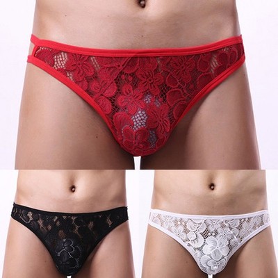 Herren Jacquard Spitze durchsichtig niedrig geschnitten Tanga atmungsaktiv G String TBack Unterwäsche