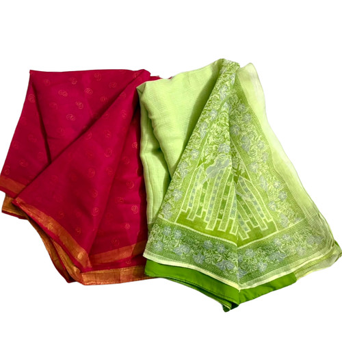 Cotton Saree Indian Women Wrap Dress Lot of 2 Printed Sewing Green & Red Sari 5Y