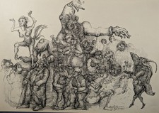 Mühlbacher, "Im Cafe Exotic", Tuschezeichnung, 1980, Phantastischer Realismus