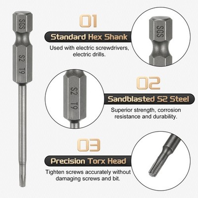3pcs T9 Torx Head Screwdriver Bit 1/4