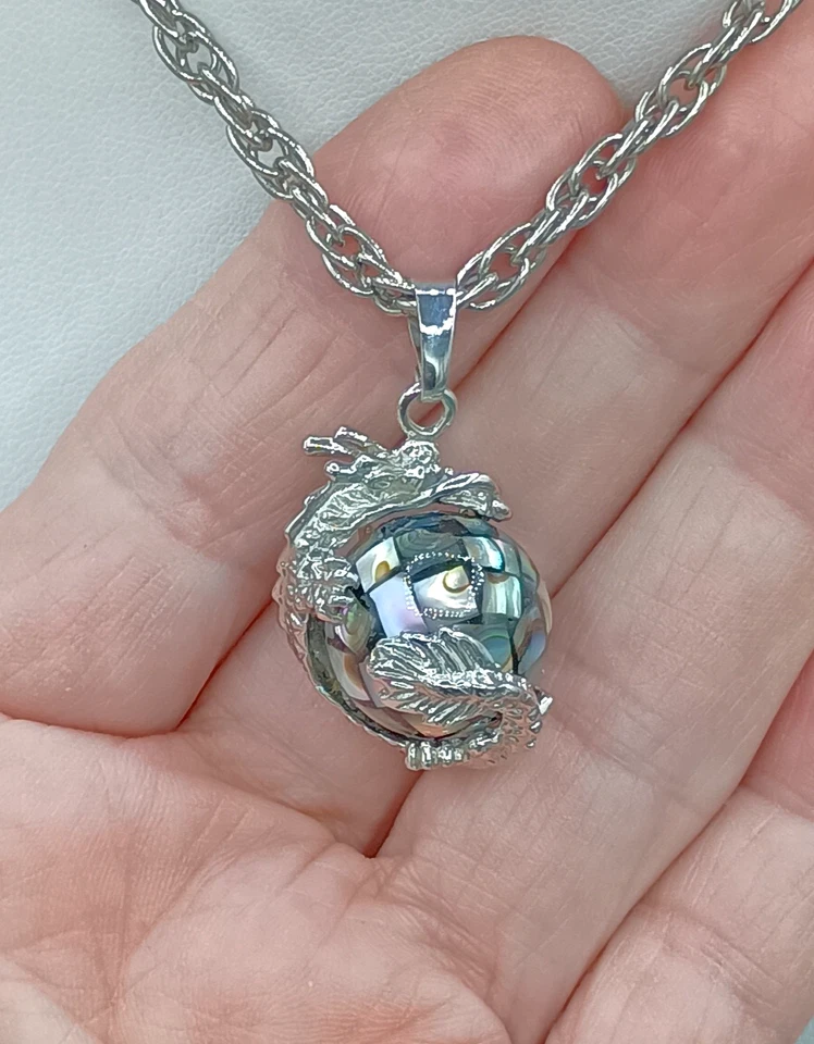 Collar Colgante Dragón Abulón Concha Globo Giros Articulados Cadena Tono Plata Foto 2 de 4