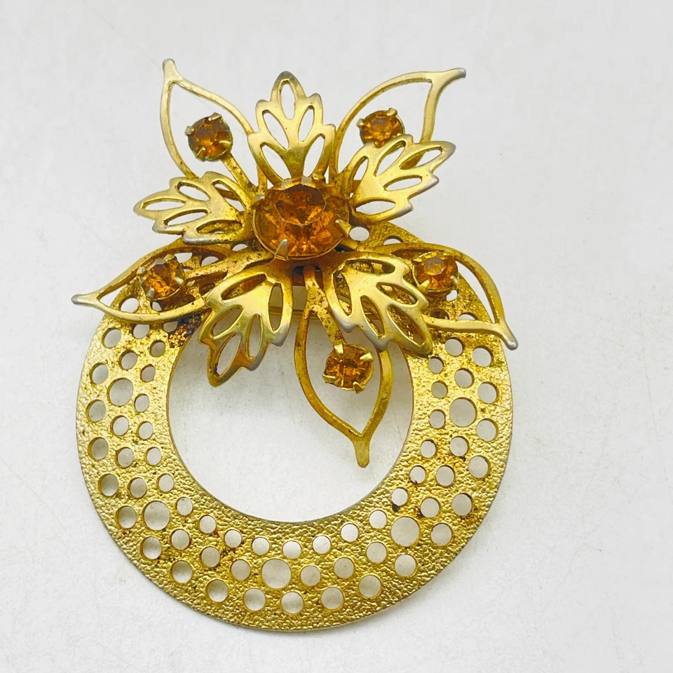 花卉圈胸针金色心形漩涡人造黄玉水钻花朵 — 第 2/4 张图片