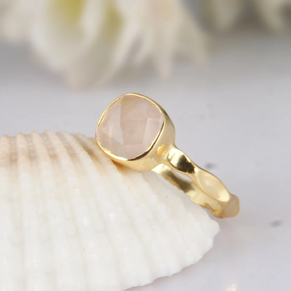 Покрытое желтым золотом кольцо из розового кварца серебро 925 пробы кварцевые штабелируемые кольца - Изображение 3 из 4