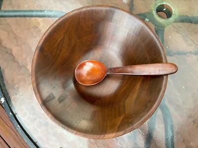 Vintage MCM Vermillion Real Walnut Wood 12  Salad Serving Bowl With Utensil