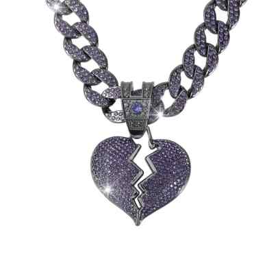 Black Ice Cuban Link Chain w/Broken Heart Pendant Hip Hop Rock Star Party Jewels