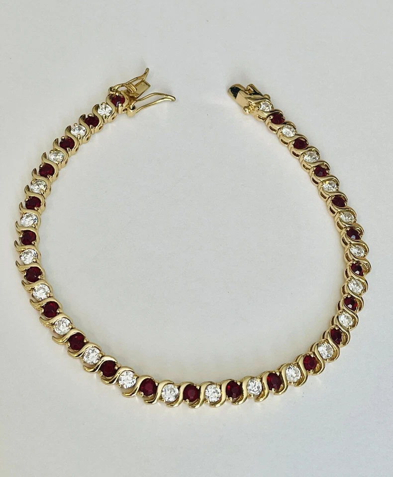 Винтажный теннисный браслет с имитацией рубина и бриллиантов серебро 925 пробы 7,5 дюйма - Изображение 2 из 4