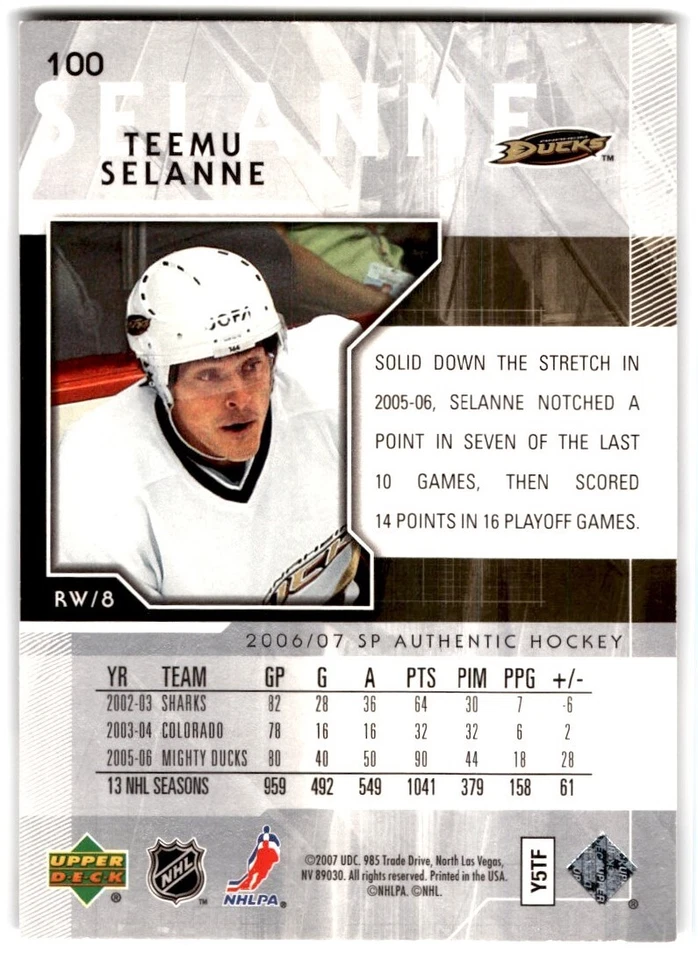 2006-07 SP Authentic Teemu Selanne #100 Anaheim Ducks - Image 2 of 2