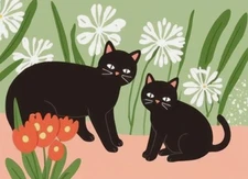 ACEO Mini **Art Print** Black Cats Kittens in a Garden of Flowers by Saulite