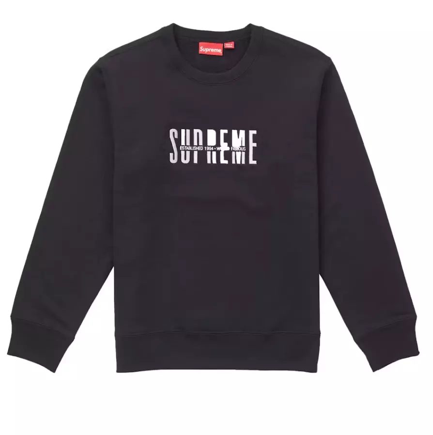 Sweat à col rond Supreme World Famous noir moyen FW18 NEUF Deadstock