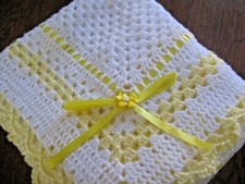 WHITE/LEMON 40" SQUARE HAND CROCHET BLANKET/ SHAWL