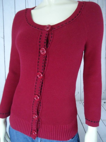 ANN TAYLOR LOFT Sweater S Cranberry Red Cotton Reverse Knit Button Cardigan CHIC - Picture 2 of 12