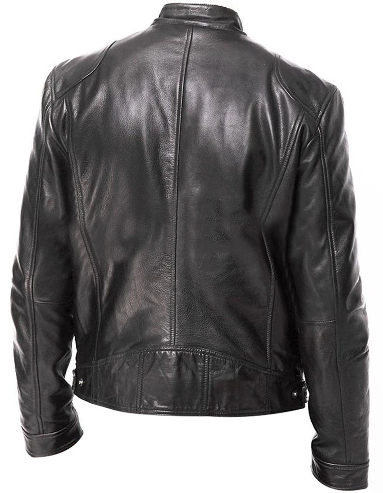 Cafe Racer Biker Leather Jacket  Black & Brown Soft Sheep Skin Leather  - Image 2 of 4
