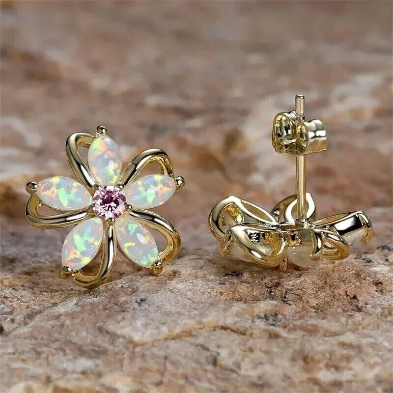 Marquise Cut Simulated Fire Opal Flower Stud Earrings In 14k Yellow Gold Plated - Image 3 of 4