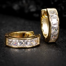 Yellow Gold Plated 925 Sterling Silver Square Princess Cut Huggie Hoop Earrings
