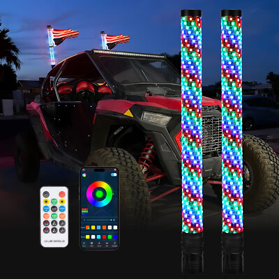 2PCS 2FT Fat Whips 2.0in Thick Spiral Chasing RGB COB Whip Lights For ATV UTV