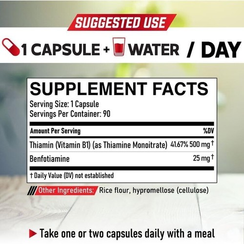 Vi.ta.min B1 Benfotiamine Supplement 525mg - 2 Potent Ingredients for Brain, ... - Picture 3 of 8