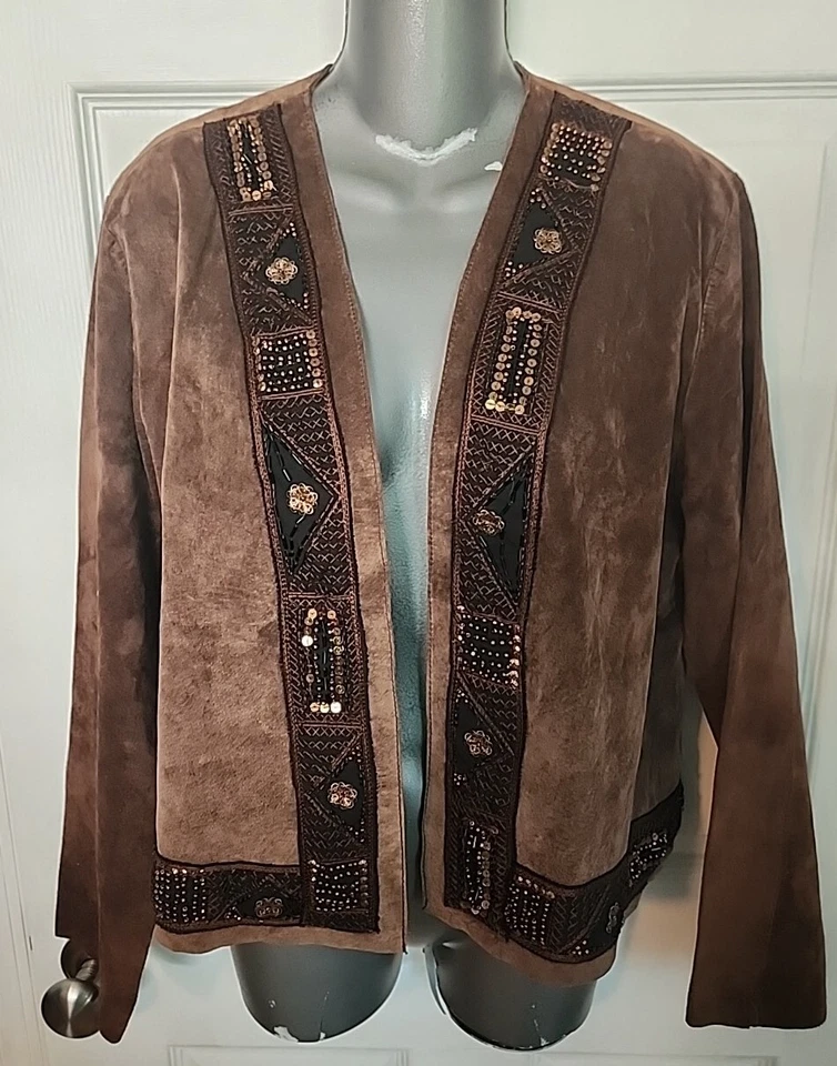 Chicos Chaqueta Cuero Marrón Frente Abierto Manga Larga Bordada Cuentas Grande