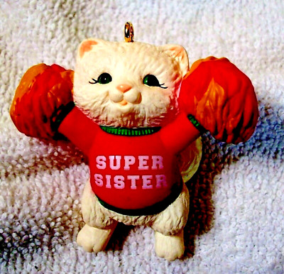 Hallmark 1993 Tree Ornament SUPER SISTER Cheerleader White Cat Figure 2'' tall 