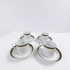 Set Of 4 Cappuccino Cup & Saucers White With Black &Gold Trim Porcelain Thailand