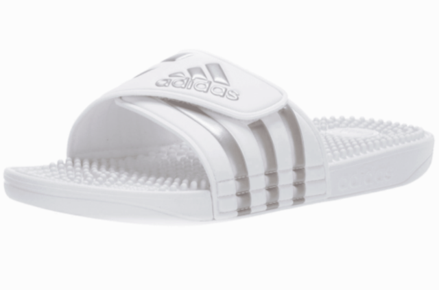 white and silver adidas sliders