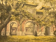 Chinese Temple Painting Landscape Asian Iconic Architectural Palace Signed Dorn