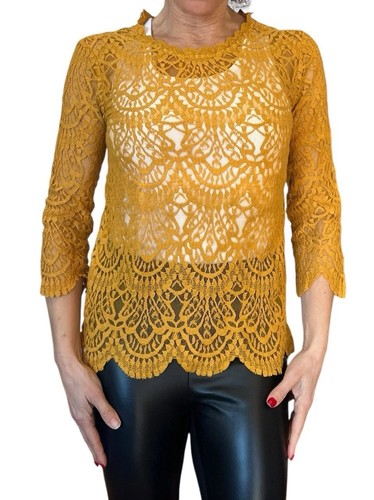 ZARA WOMEN'S TOP MARIGOLD LACE 3/4 SLEEVE SCALLOP SHEER 5598/451 SMALL NWT