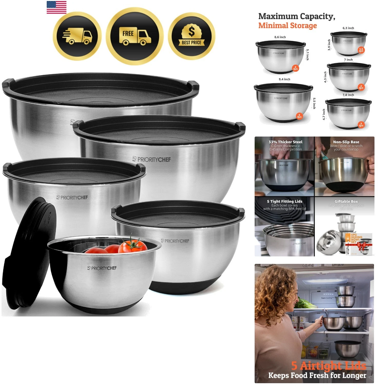 Mixing Bowls With Lids Set, Airtight Lids, Thicker Stainless Steel, Non-Slip ...
