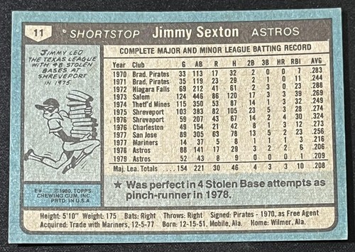 Tarjeta de béisbol 1980 Topps #11 Jimmy Sexton Houston Astros vintage MLB - Imagen 2 de 2