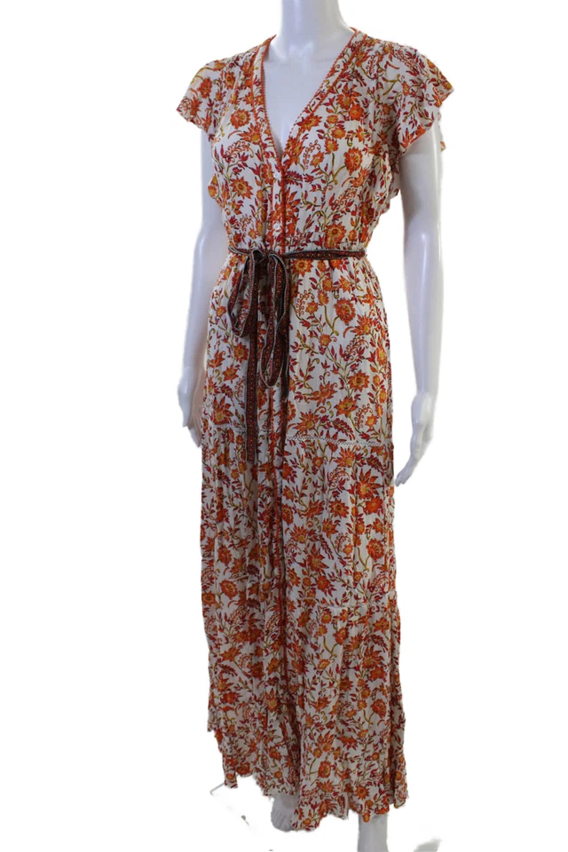 Poupette St. Barth Women Maxi Sundress White V-Neck Short Sleeve Floral Size XS - Image 2 of 4
