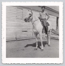 Handsome Shirtless Man Cowboy Saddle Jeans Riding White Horse c1954 Vtg Photo 