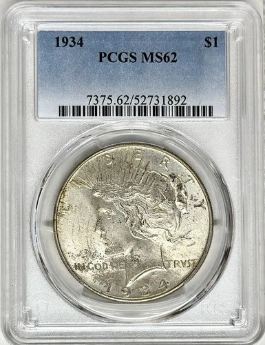 1934 PEACE SILVER DOLLAR PCGS MS62