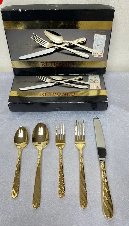 MINT RETRONEU VINTAGE 24K Gold Electroplate Flatware Set 18/8 Stainless 40 Pcs - Image 4 of 4