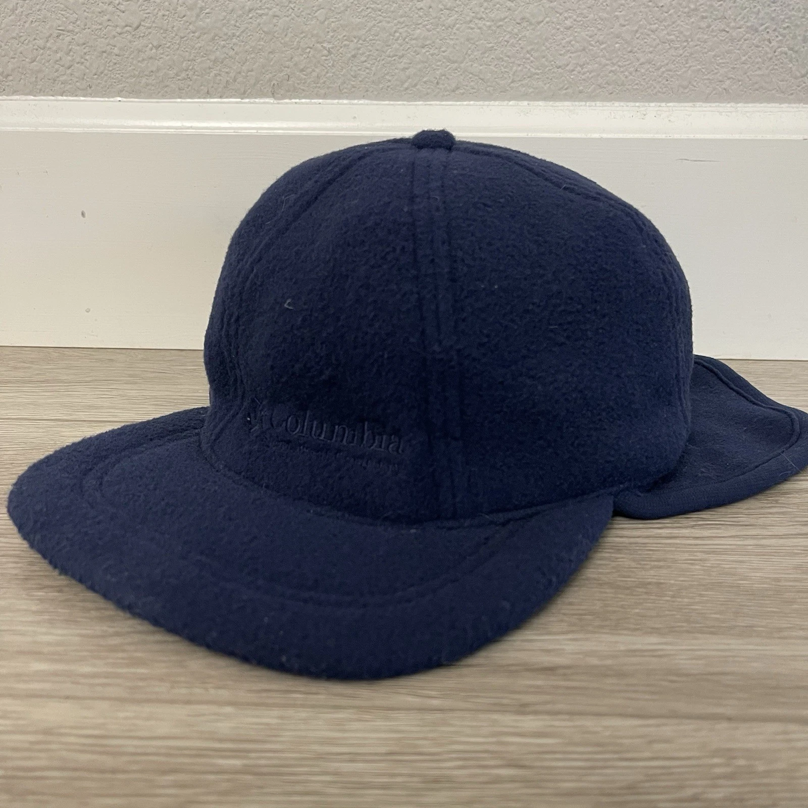Vintage 80's Columbia Fleece Lined Ear Flap Trappers Hat Navy Strap Adjustable