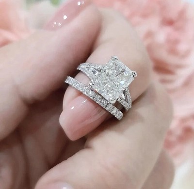 5Ct Radiant Cut Moissanite Bridal Set Wedding Ring 14K White Gold Plated