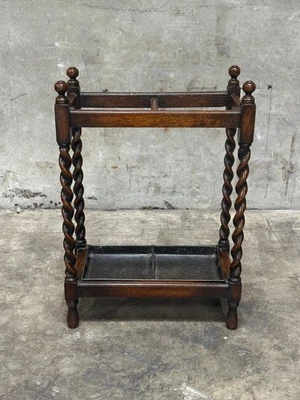 19th C English Oak Barley Twist Umbrella Stand Copper Drip Tray - Image 1 of 4