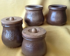 4 Keramik braun Vorratsdose KAFFEE TEE MEHL Neutral mit zwei Holzdeckeln Vintage