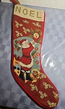 Vintage Needlepoint Christmas Stocking Red Velvet Back SANTA Noel 21.5"