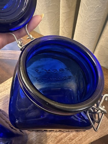 VTG Cobalt Blue Clamp Granny Glass 1879 Jar 2 Pc Canister Set Farm’s Products - Picture 15 of 22