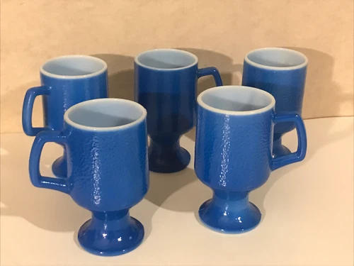 Vintage Milk Glass Anchor Hocking Blue Irish Coffee Mug Pedestal MCM Set of 6