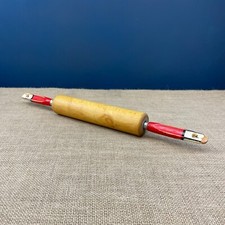 VINTAGE RETRO 1960S TRADITIONAL WOODEN ROLLING PIN W/ RED & WHITE HANDLES