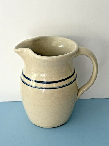 Vintage Signed Marshall Pottery Artisan Stoneware Pitcher Double Cobalt Stripes - Picture 2 of 7