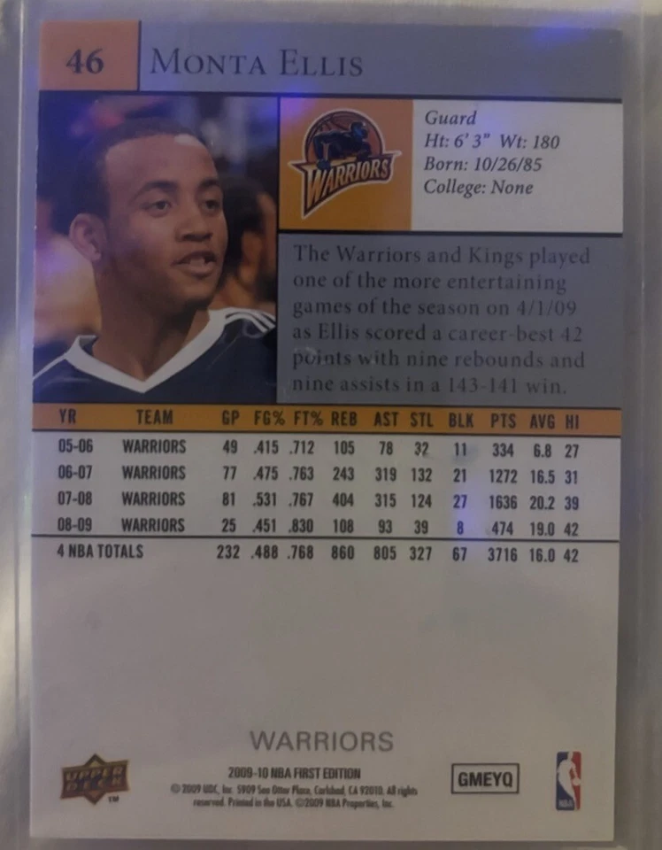 Autographed 2009-10 Upper Deck First Edition - Gold #46 Monta Ellis - Image 2 of 2