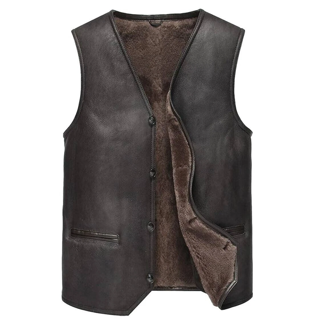 Men's Brown Real Genuine Sheepskin Leather Shearling Vest New Style Fur Vest
